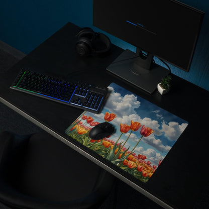 Vibrant HD tulip field mouse pad with orange blooms, tall stems, bright sky