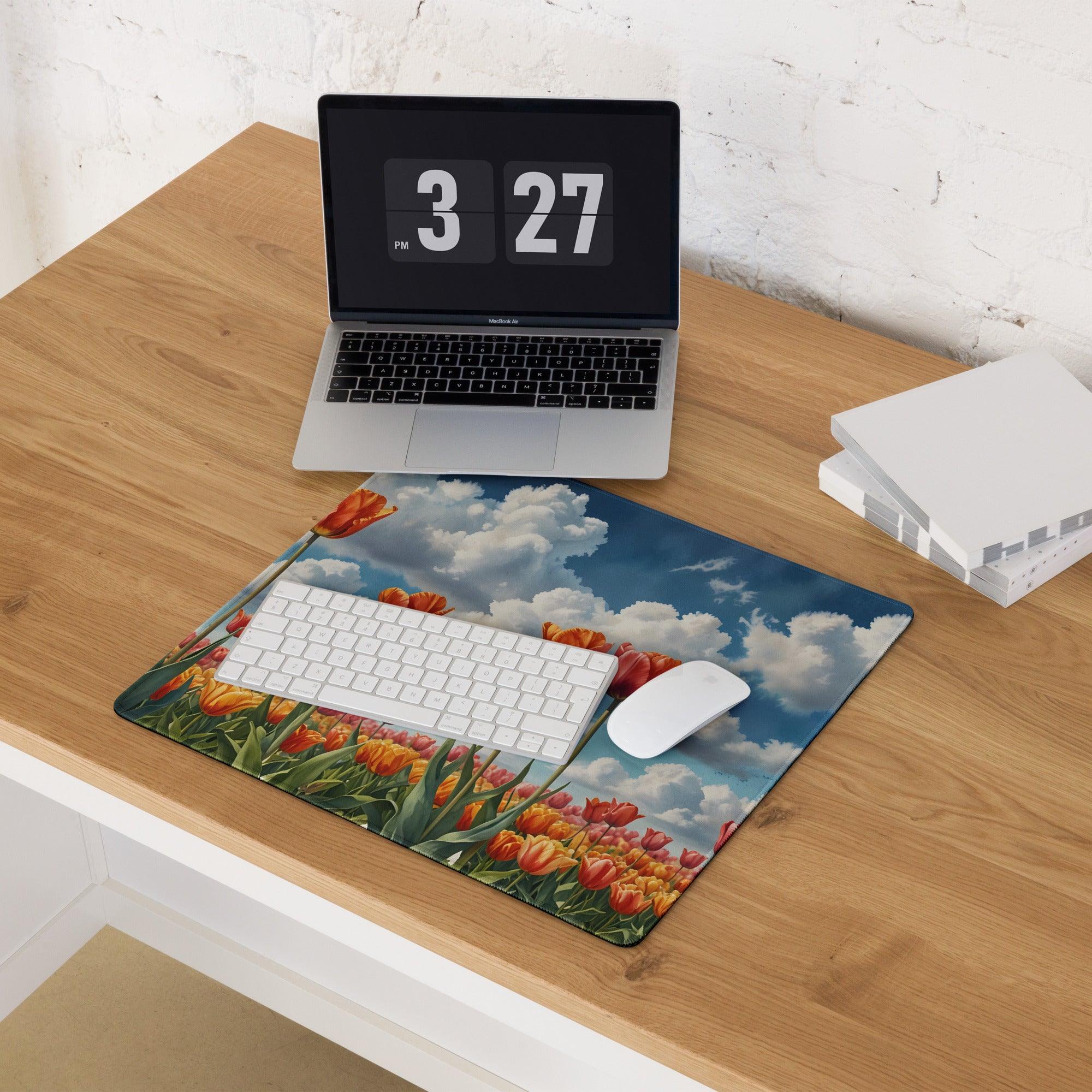 Vibrant HD orange tulip field gaming mouse pad with bright sky