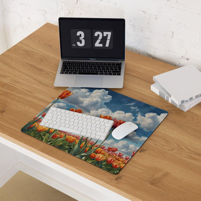 Vibrant HD orange tulip field gaming mouse pad with bright sky
