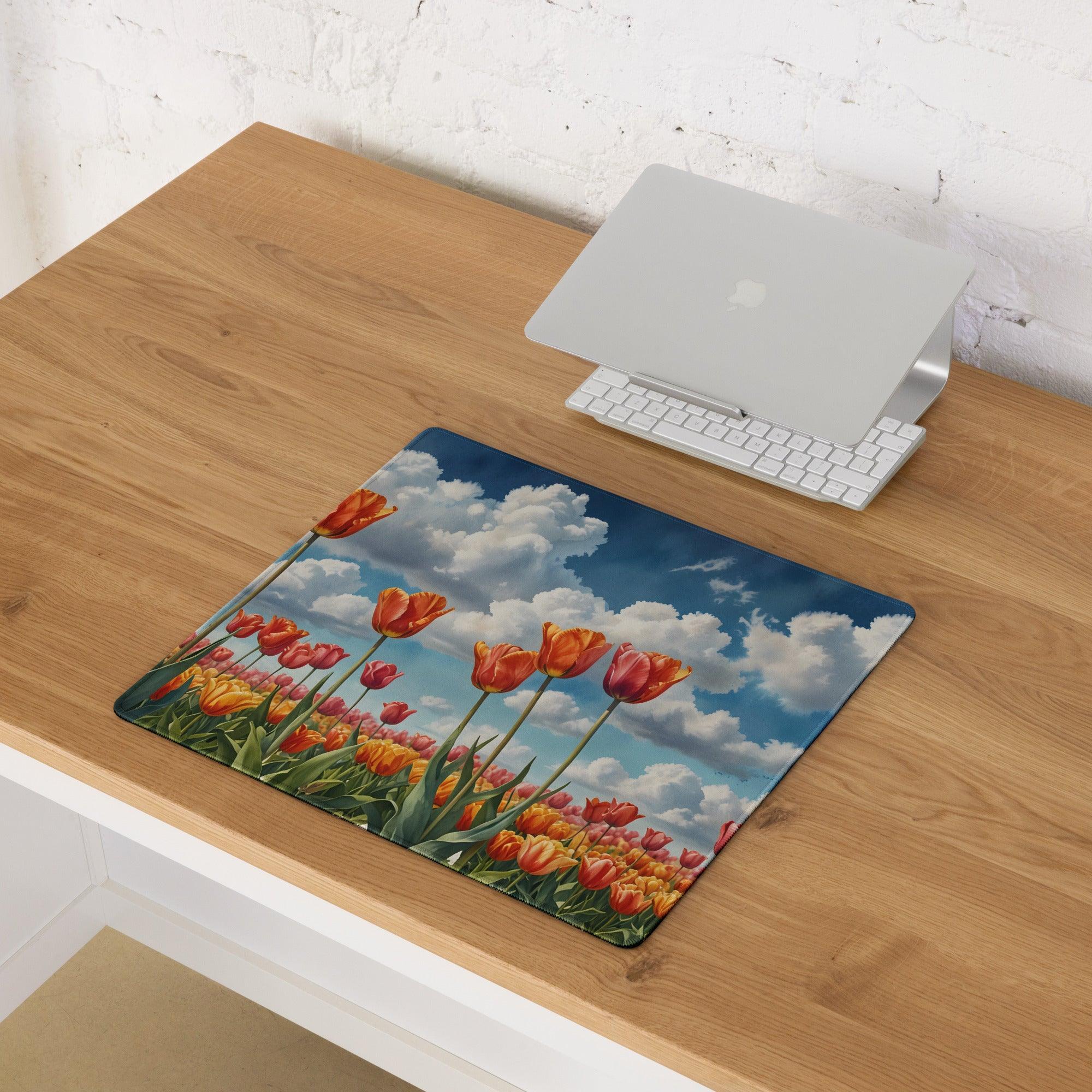 Vibrant HD tulip field mouse pad with orange blooms and bright sky