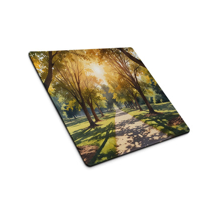 Vibrant sunlit forest path mouse pad with golden trees, non-slip gaming backing