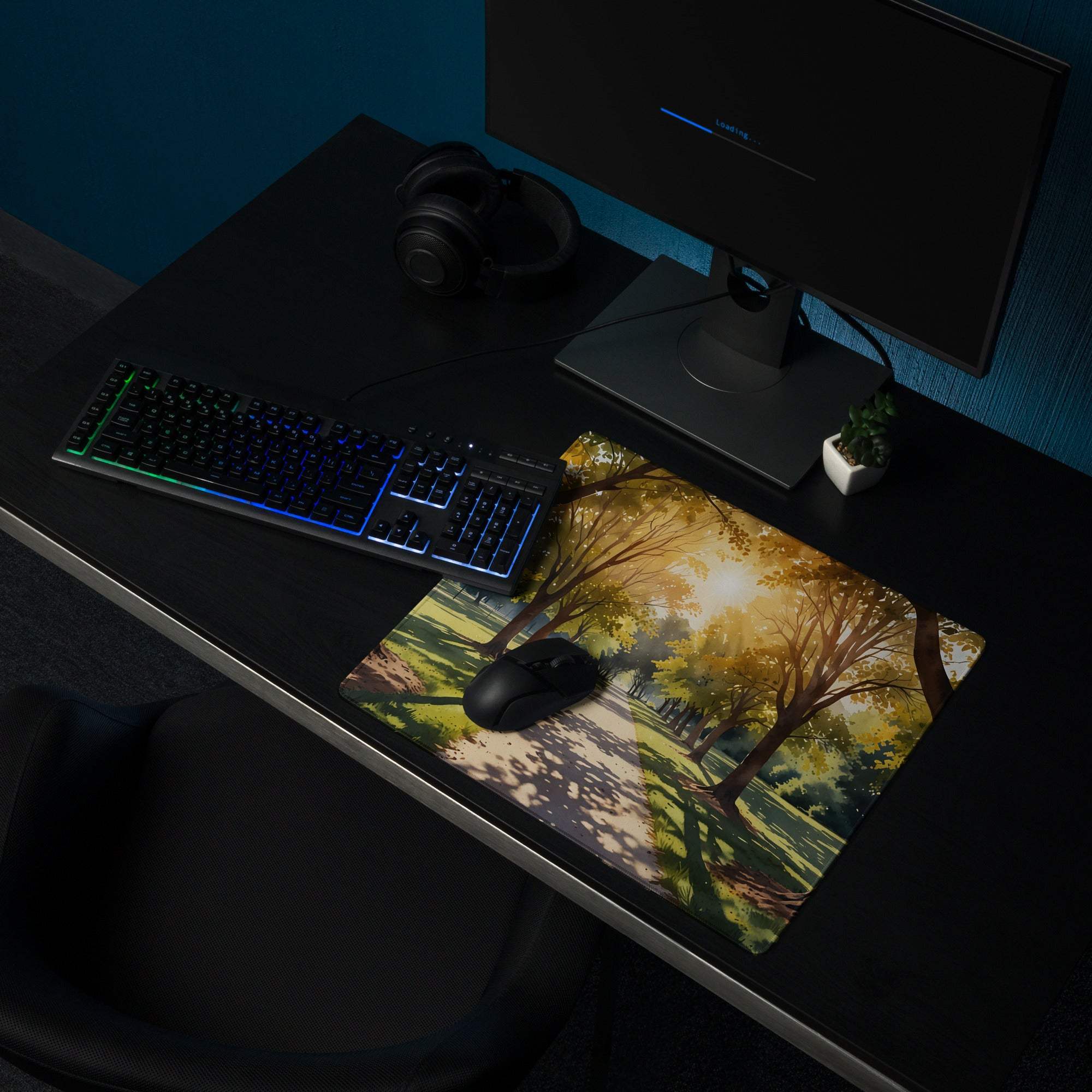 Illustrated forest path sunlit golden hour gaming mouse pad