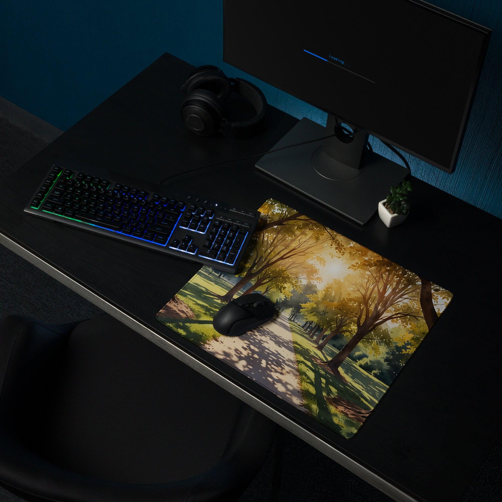 Illustrated forest path sunlit golden hour gaming mouse pad