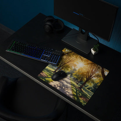 Illustrated forest path sunlit golden hour gaming mouse pad