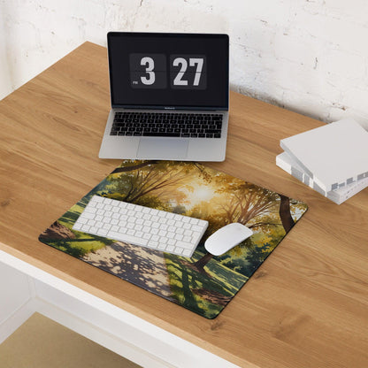 Forest path sunlit golden hour gaming mouse pad with trees foliage non-slip backing
