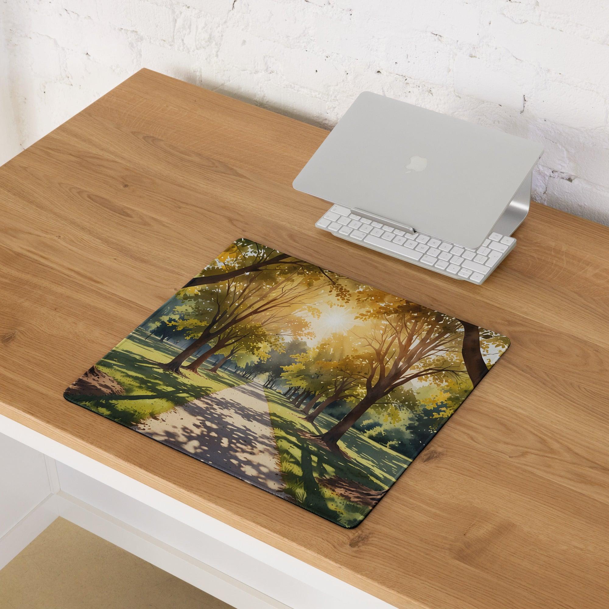 Vibrant sunlit forest path gaming mouse pad with non-slip backing