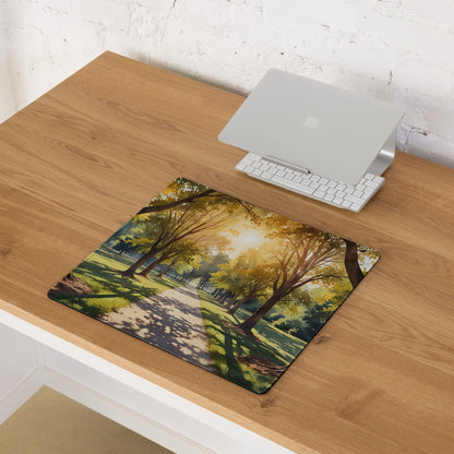 Vibrant sunlit forest path gaming mouse pad with non-slip backing