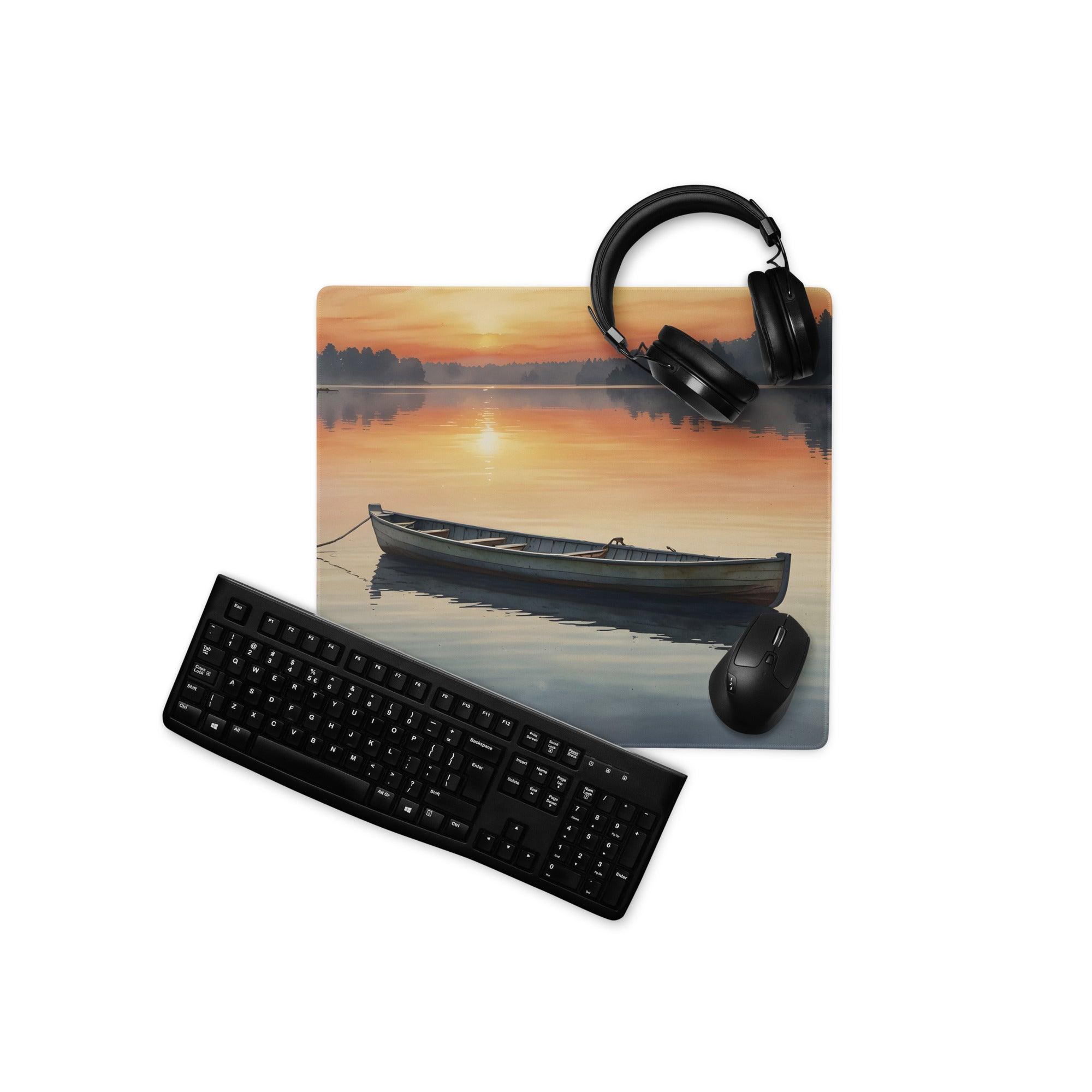Serene sunset lake canoe mousepad with keyboard and headphones