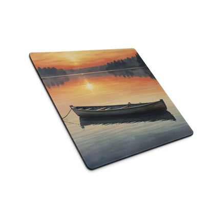 Serene sunset lake mousepad with orange gold hues, calm water, wooden canoe