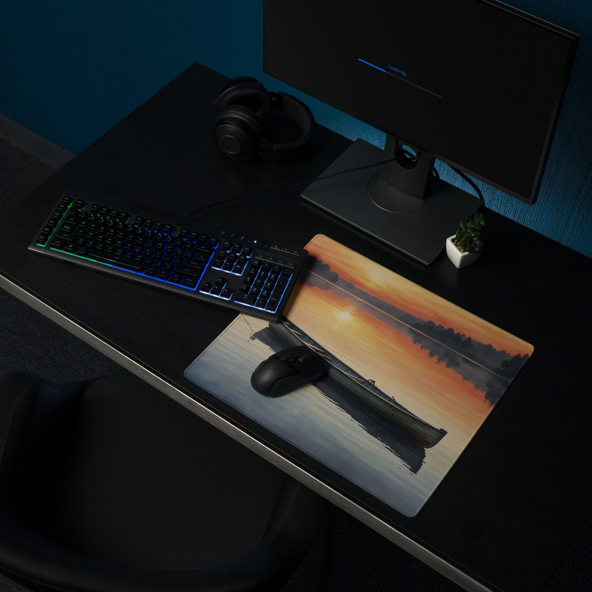 Serene sunset lake boat gaming mouse pad with orange blue hues