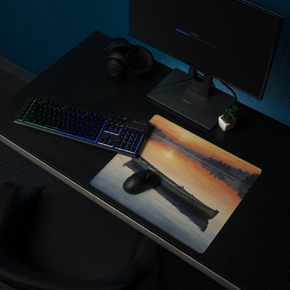 Serene sunset lake boat gaming mouse pad with orange blue hues
