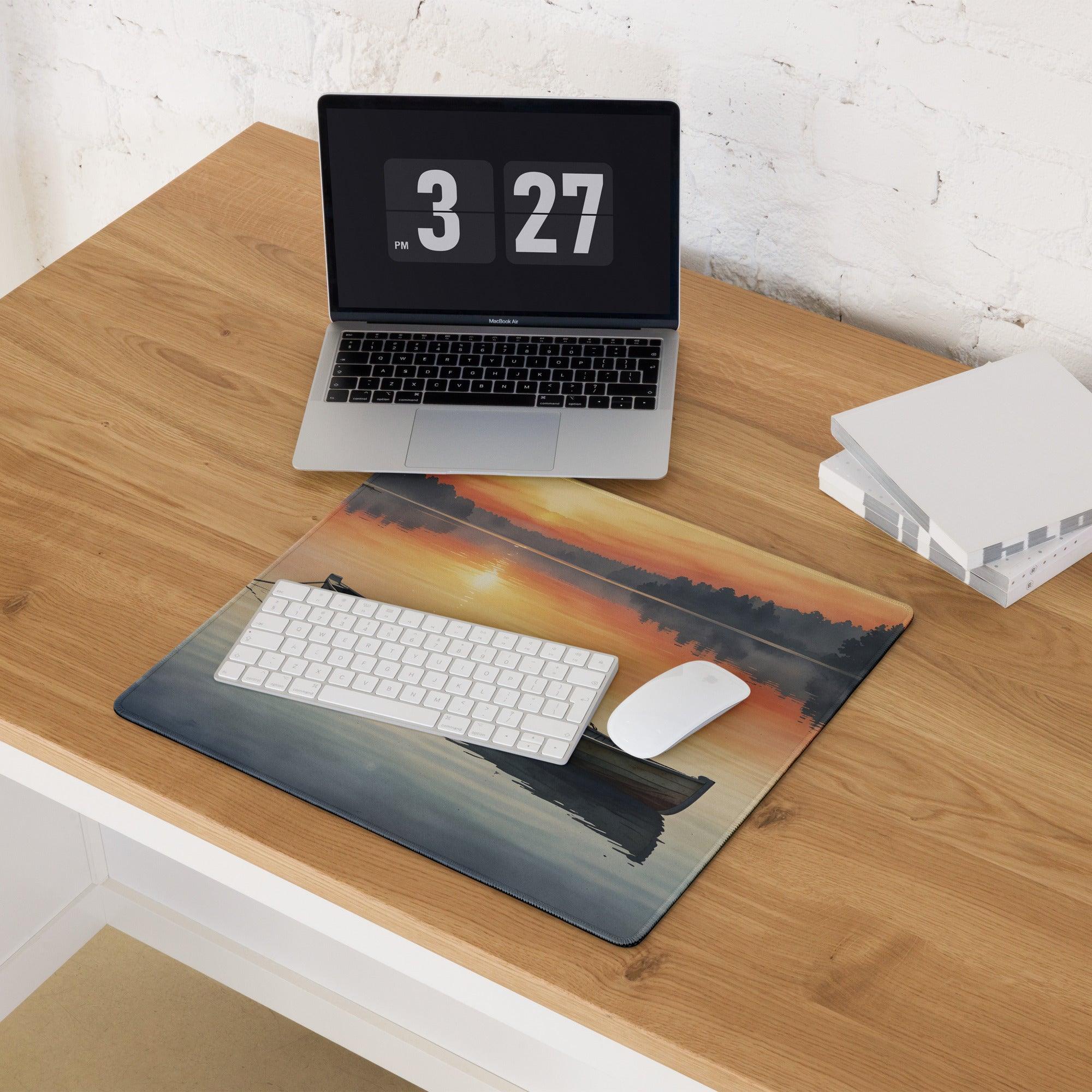 Serene sunset lake boat gaming mousepad in orange blue hues