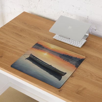 Serene sunset lake boat mouse pad in calm orange blue hues
