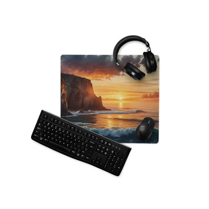 Scenic warm sunset ocean cliff gaming mouse pad with large non-slip surface