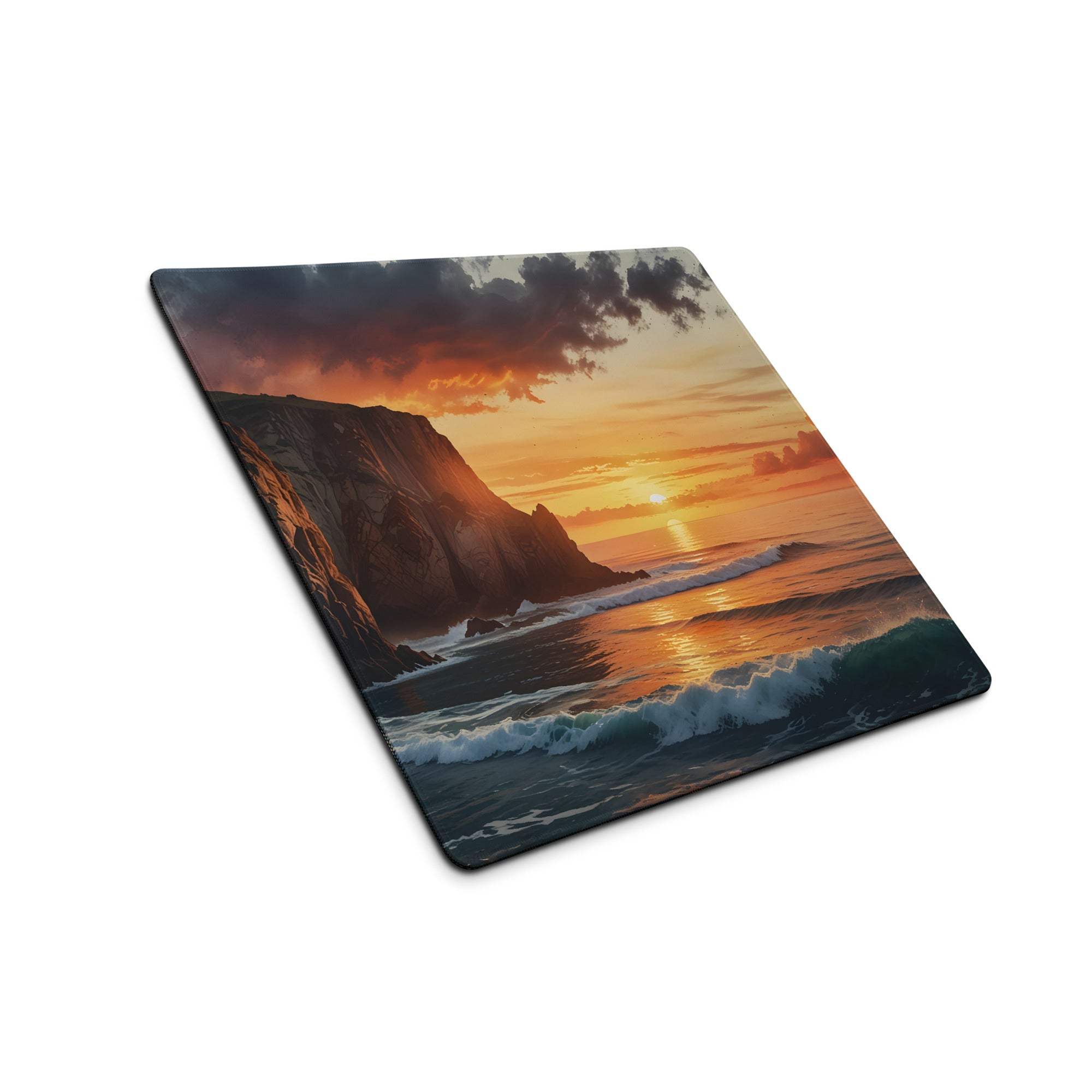 Scenic sunset ocean cliff gaming mouse pad with vivid orange hues