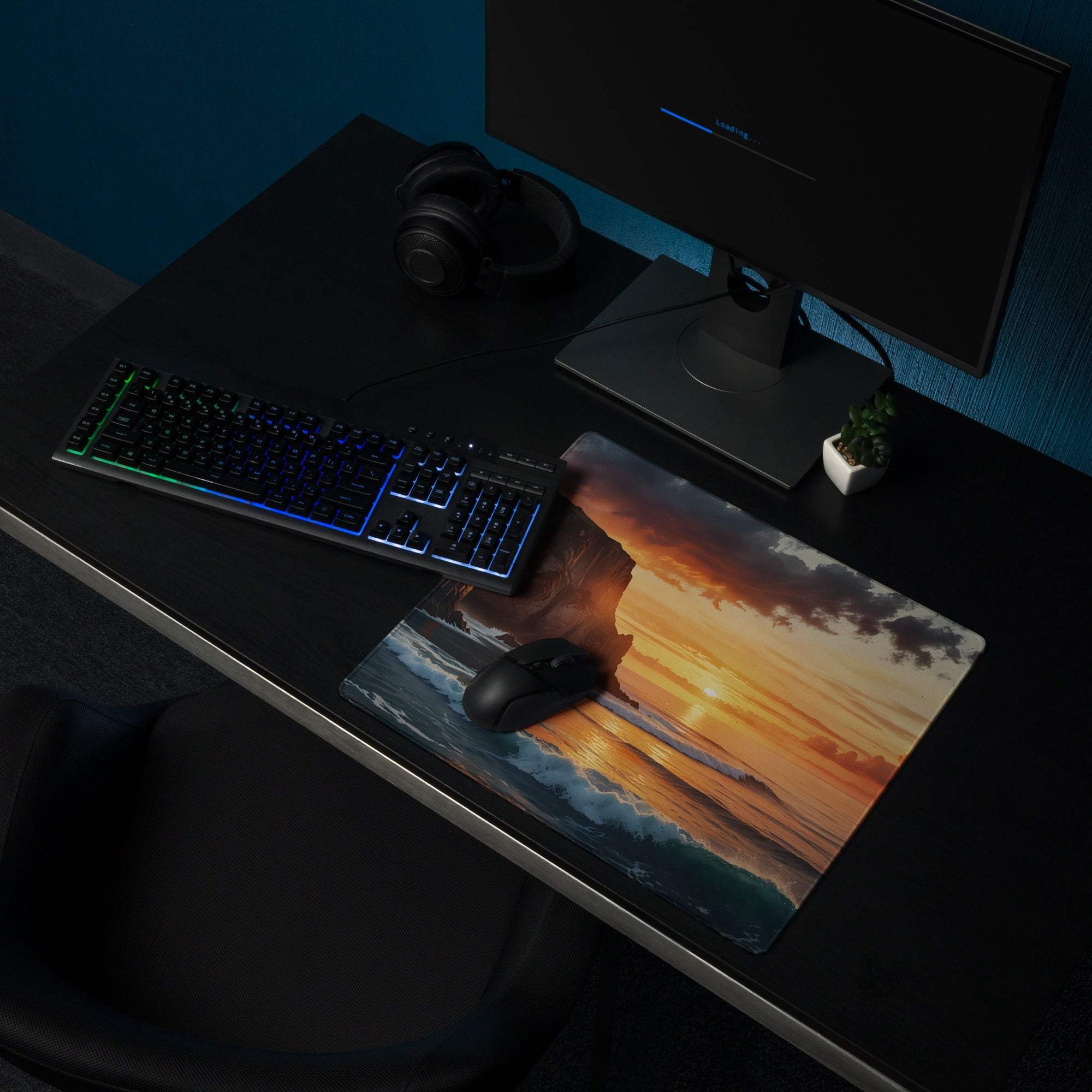 Scenic warm sunset ocean cliff gaming mouse pad with non-slip base