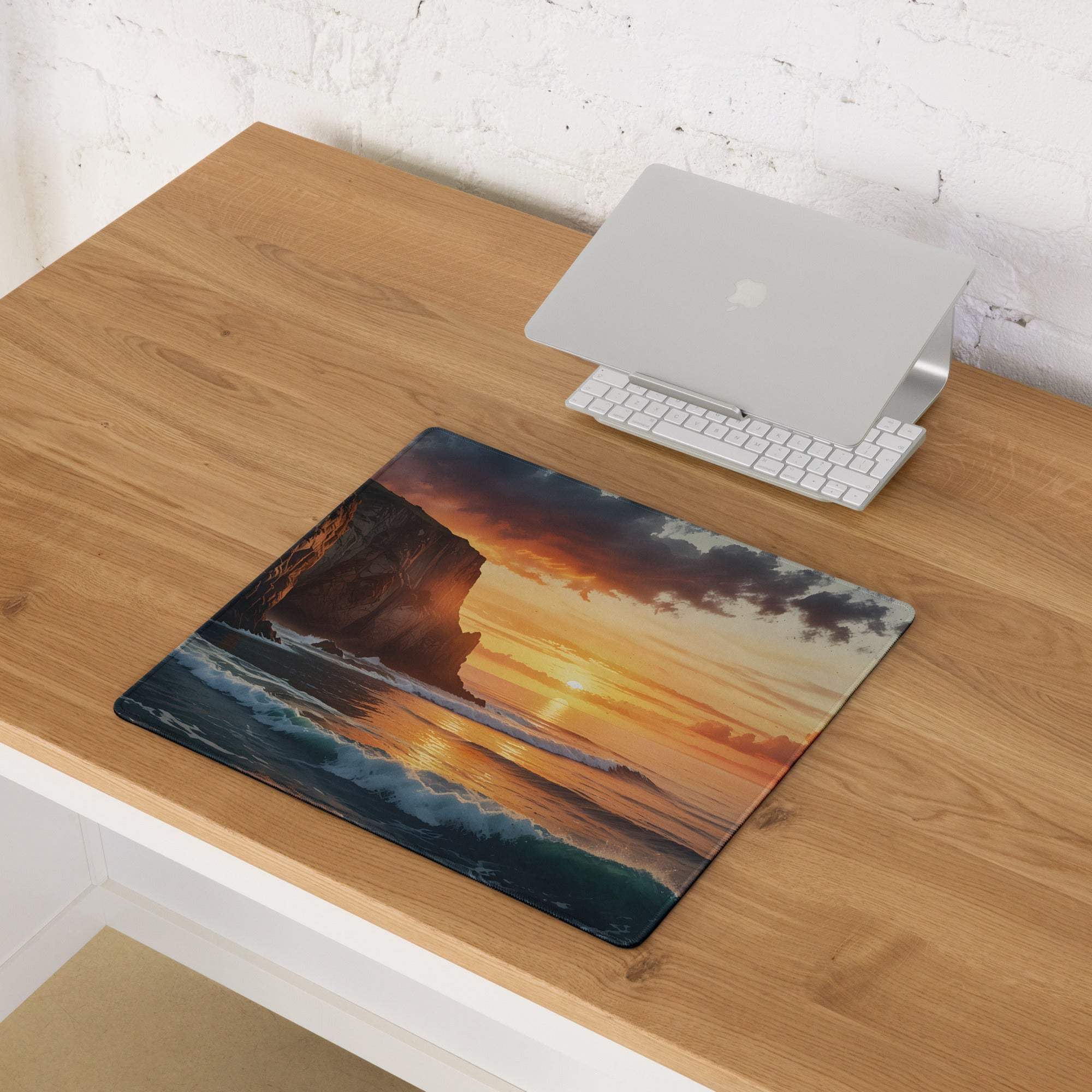 Scenic warm sunset ocean cliff gaming mouse pad with large non-slip surface