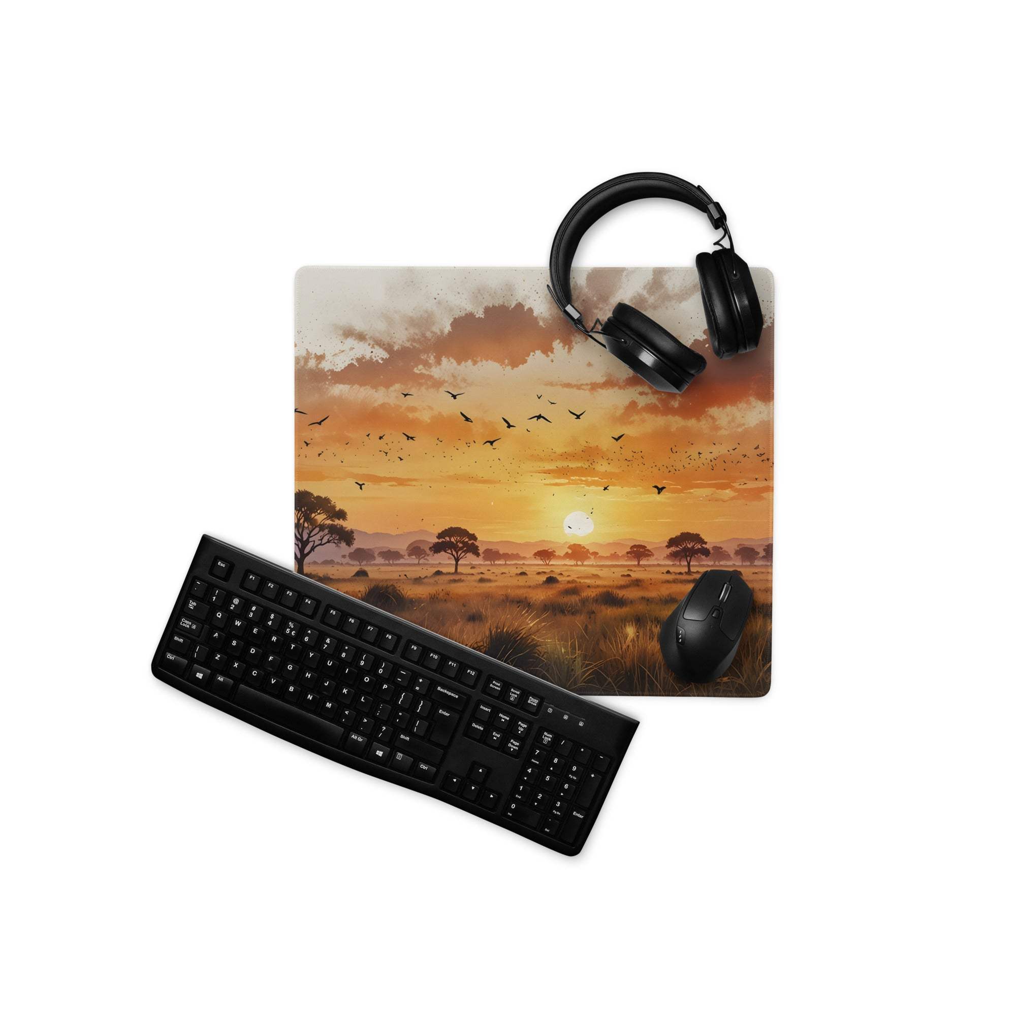 Stylized sunset savanna gaming mouse pad with warm orange hues, non-slip base