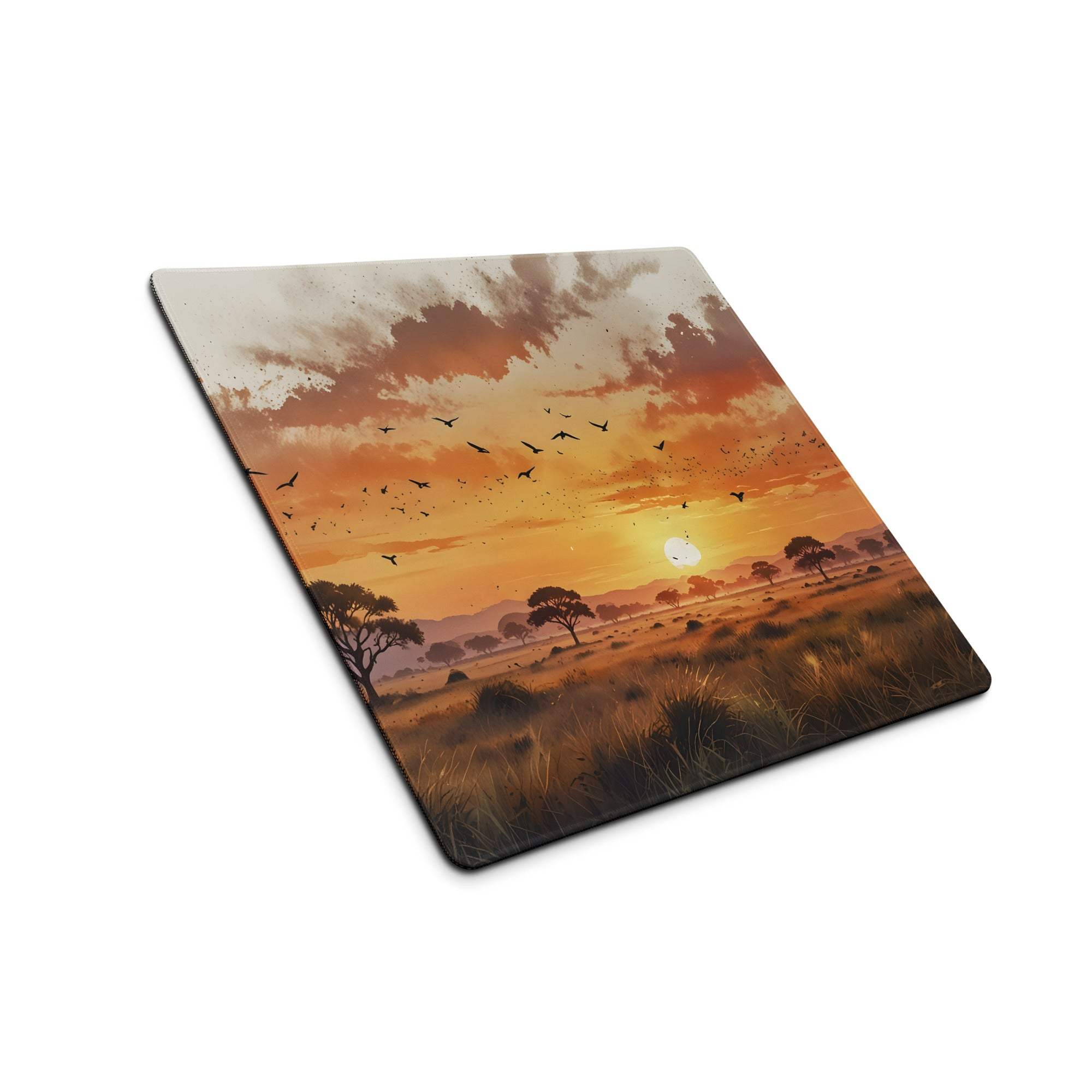 Large stylized sunset savannah gaming mouse pad with non-slip base