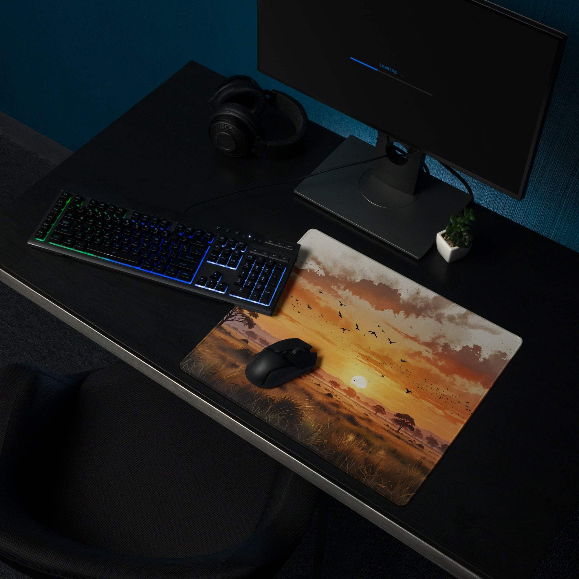Large stylized sunset savannah gaming mouse pad with non-slip base