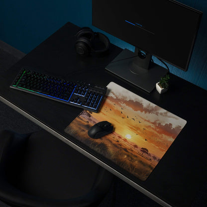 Large stylized sunset savannah gaming mouse pad with non-slip base
