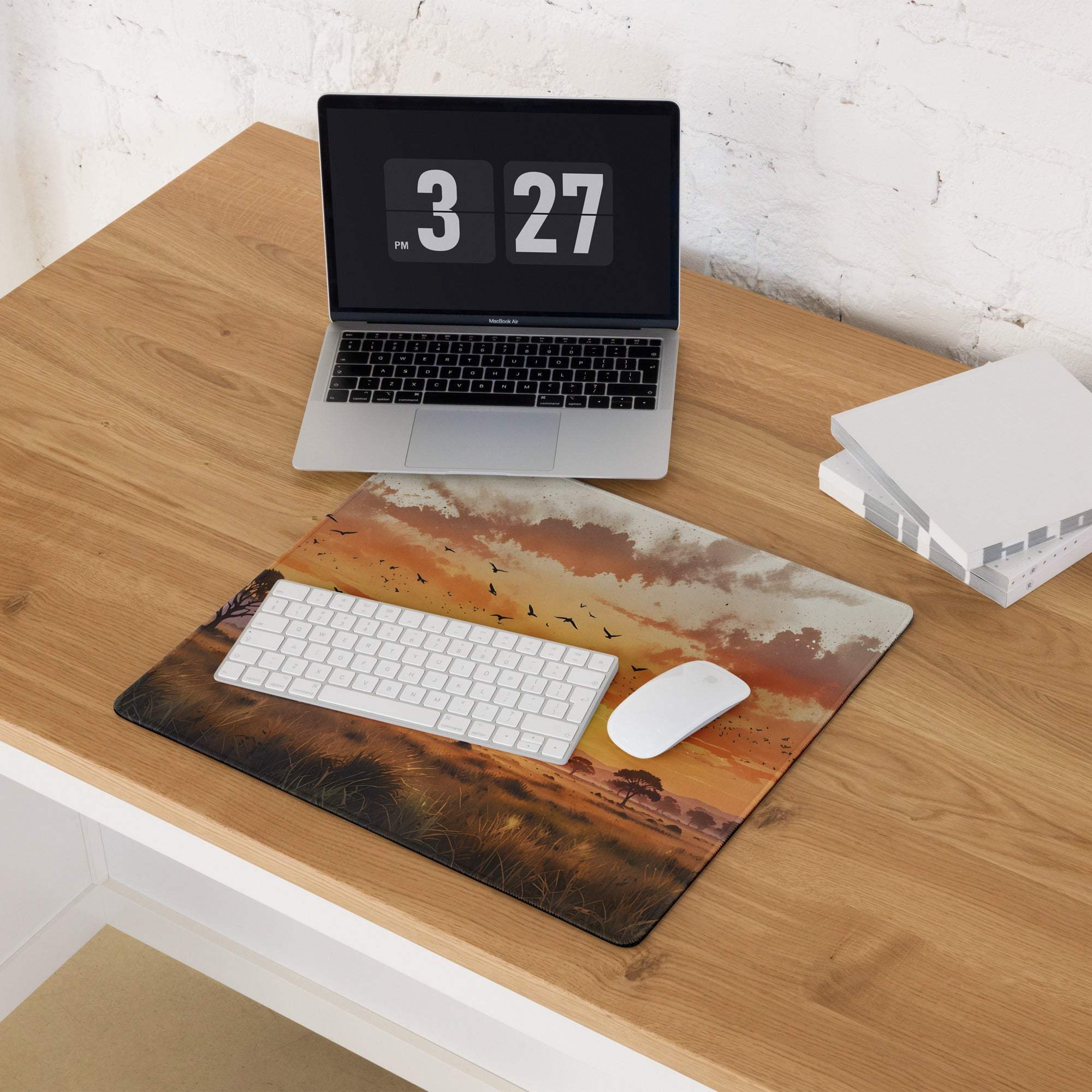 Large stylized sunset savanna gaming mouse pad with non-slip base