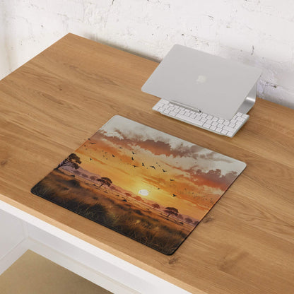 Stylized sunset savannah gaming mouse pad with non-slip base, large