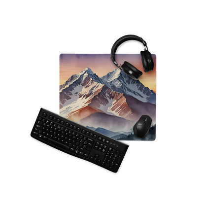Epic Mountain Sunrise gaming mouse pad with watercolor snowy peaks and sunset hues