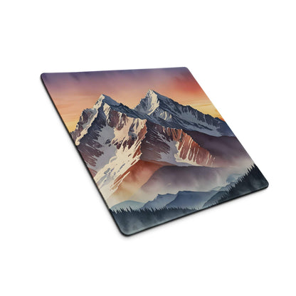 Epic Mountain Sunrise gaming mouse pad with watercolor snowy peaks sunset