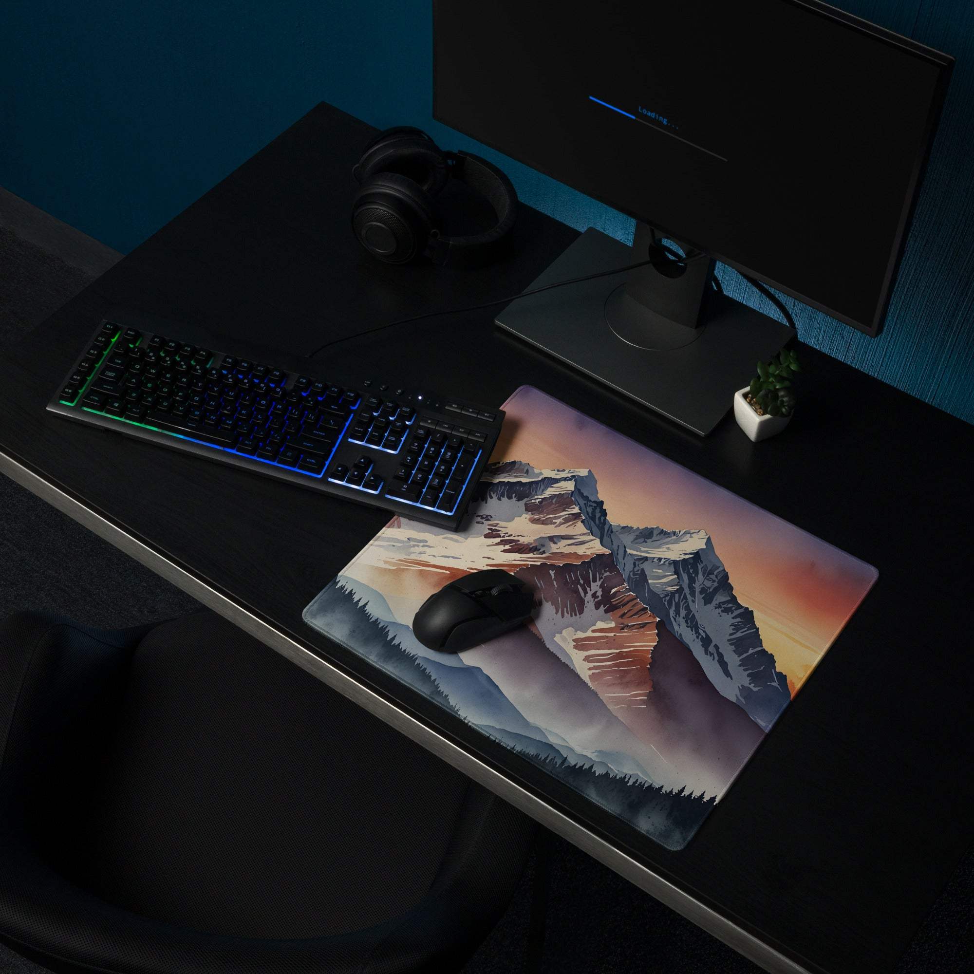 Epic Mountain Sunrise gaming mouse pad with sunset mountains