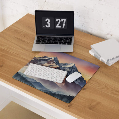 Epic Mountain Sunrise gaming mouse pad with orange-purple gradient sky and gray-blue peaks