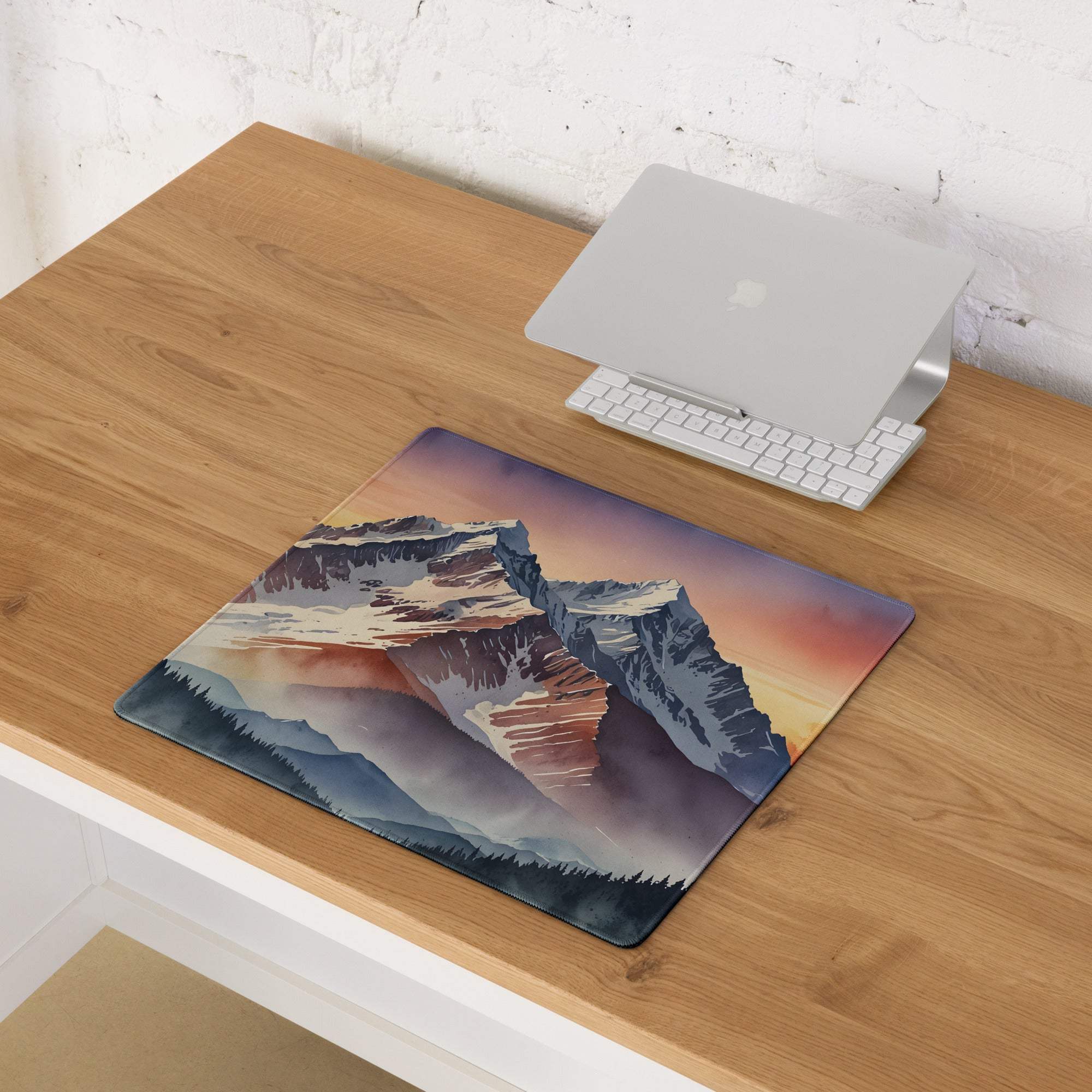 Epic Mountain Sunrise gaming mouse pad with sunset mountains illustration