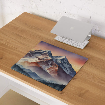 Epic Mountain Sunrise gaming mouse pad with sunset mountains illustration