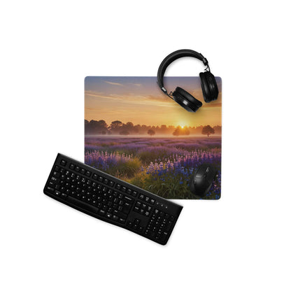 Black over-ear headphones on Tranquil Sunrise Lavender Field mouse pad