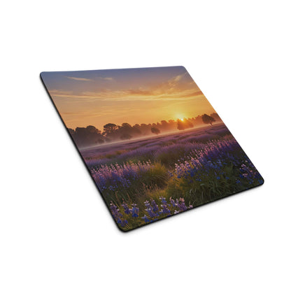 Tranquil Sunrise Lavender Field square gaming mouse pad, non-slip backing