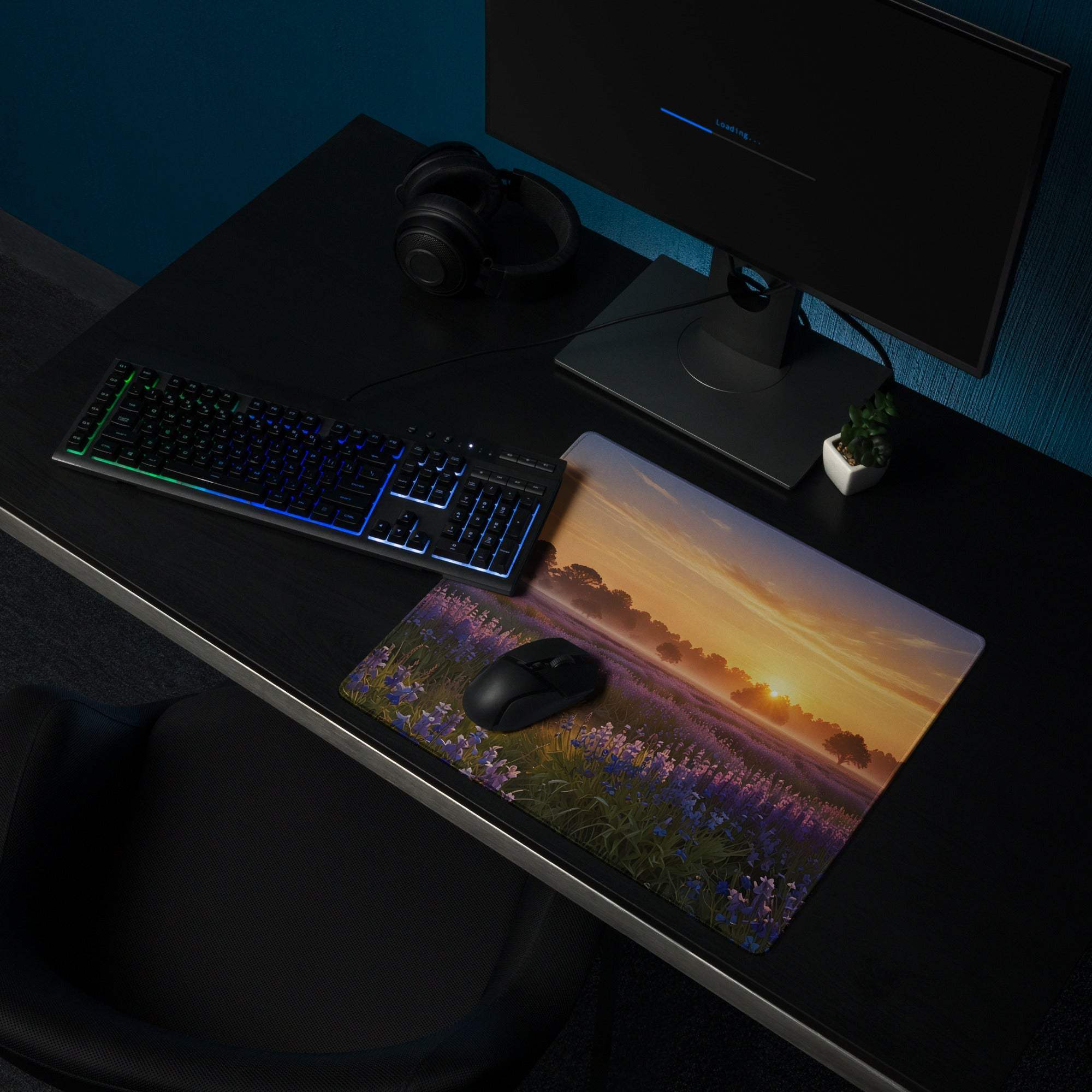 Tranquil sunrise lavender field gaming mouse pad with non-slip backing