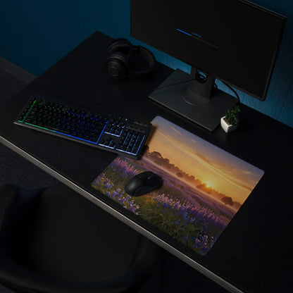 Tranquil sunrise lavender field gaming mouse pad with non-slip backing