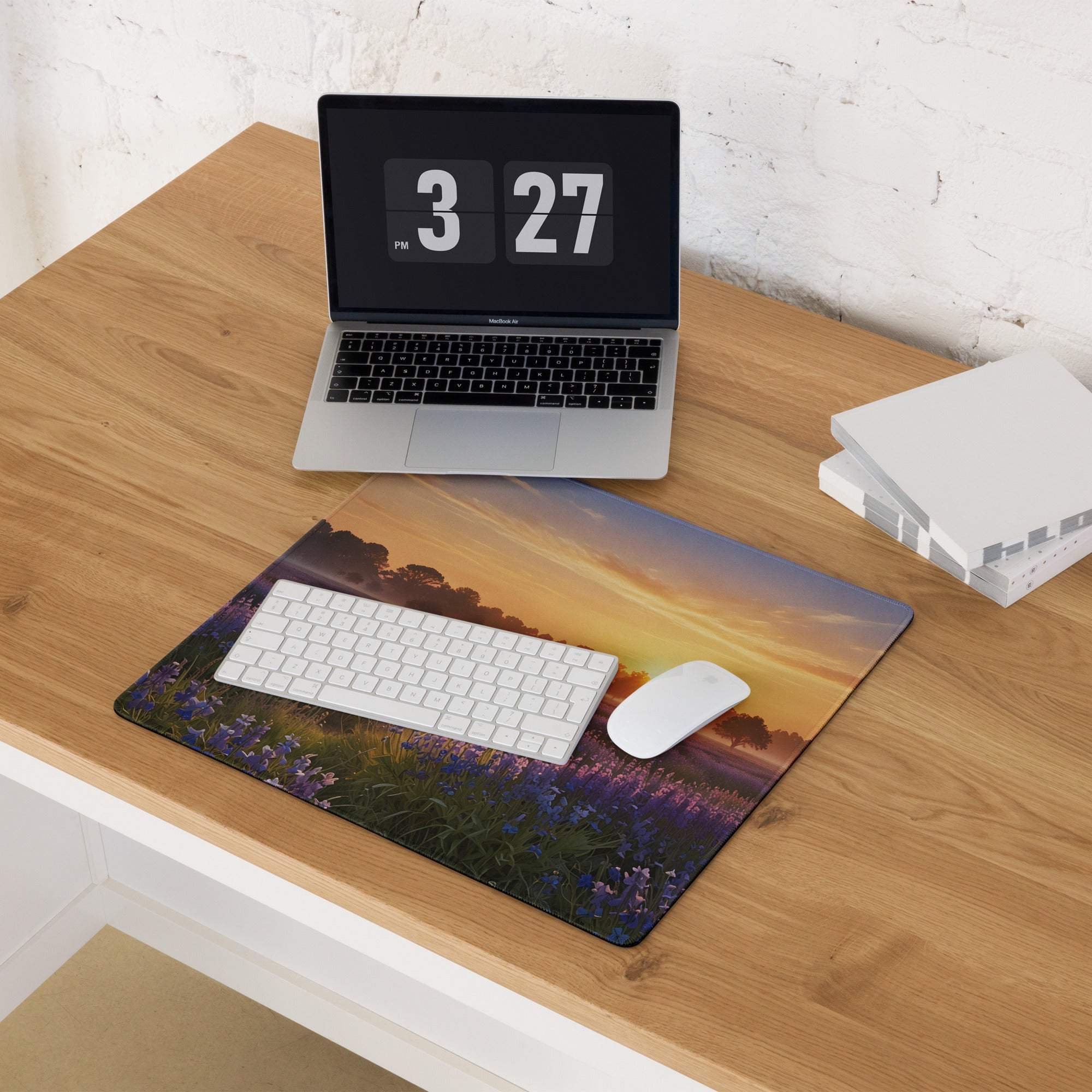 Tranquil sunrise lavender field gaming mouse pad with sunset view