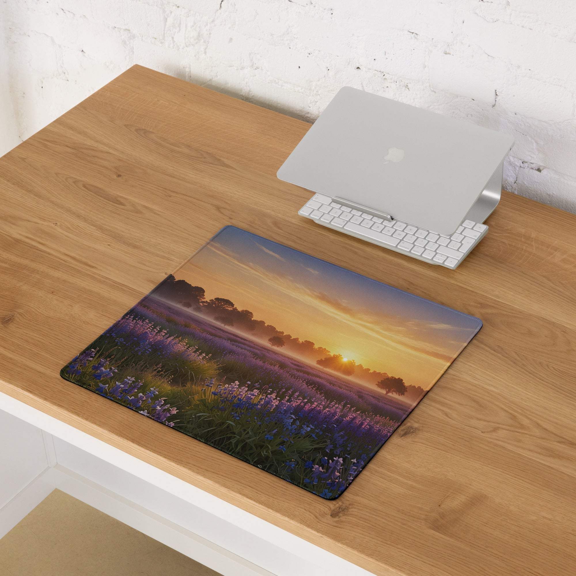 Tranquil sunrise lavender field gaming mouse pad with non-slip backing