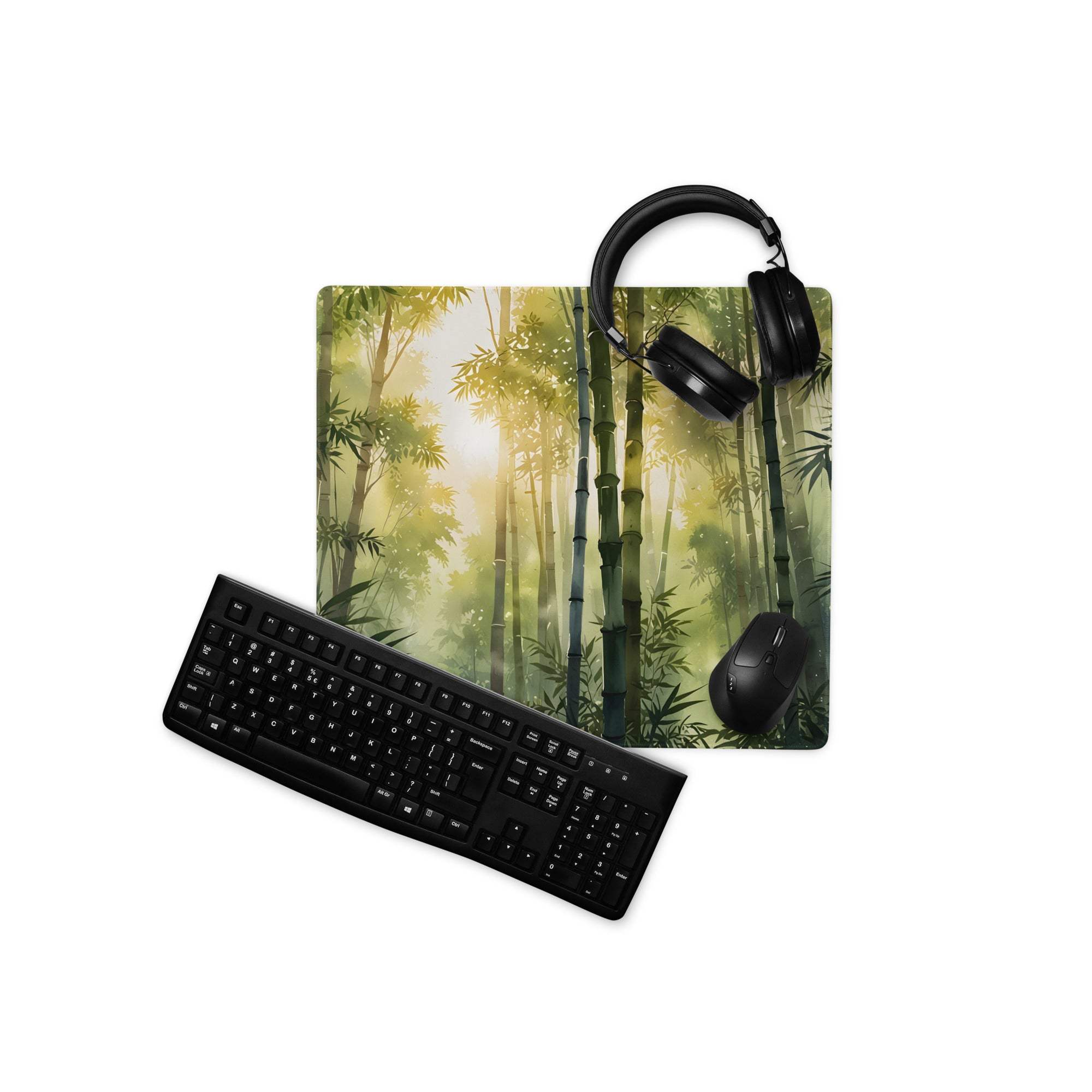Black keyboard on nature-inspired ornate bamboo landscape gaming mouse pad