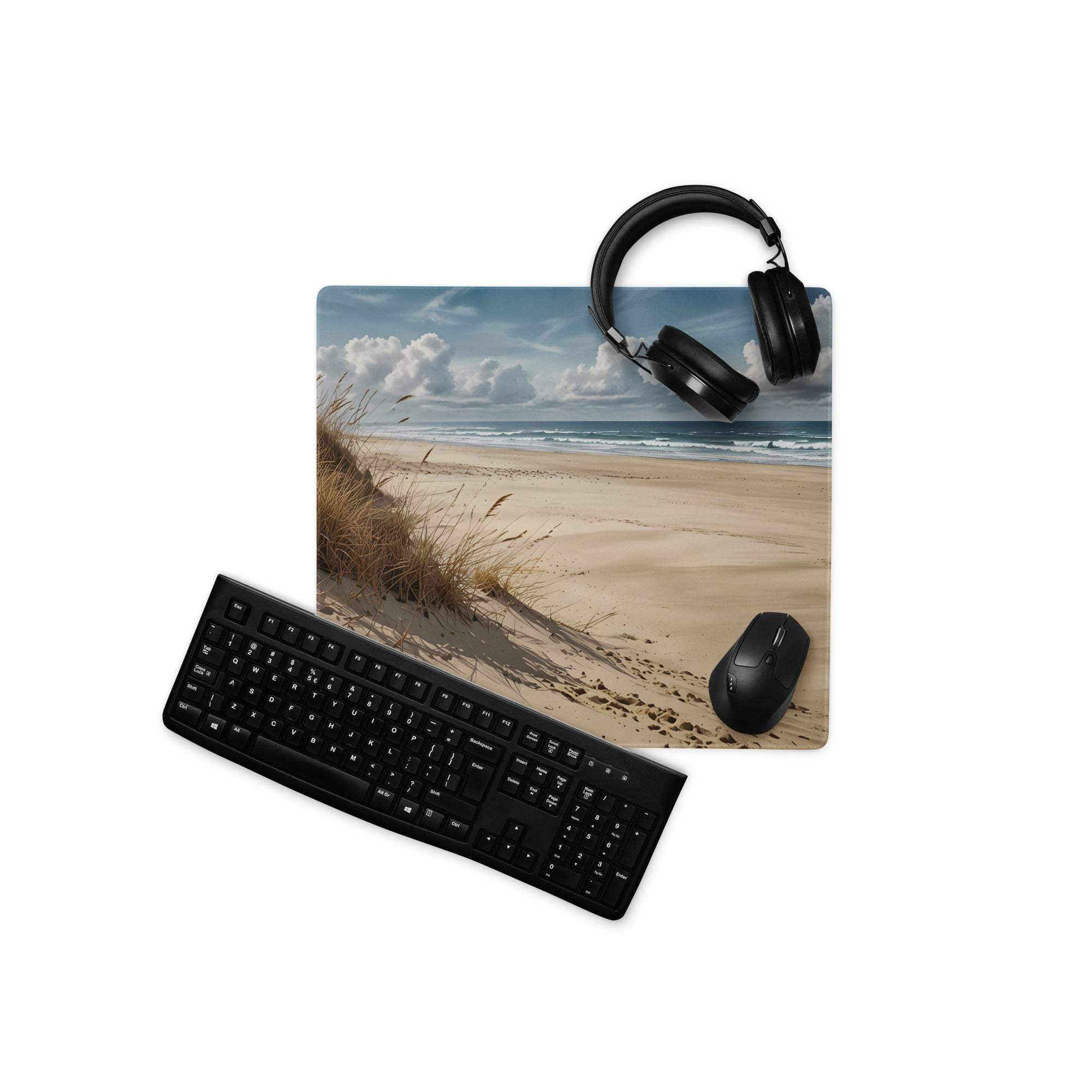 Serene coastal beach scene mousepad with sand dunes, waves, blue sky