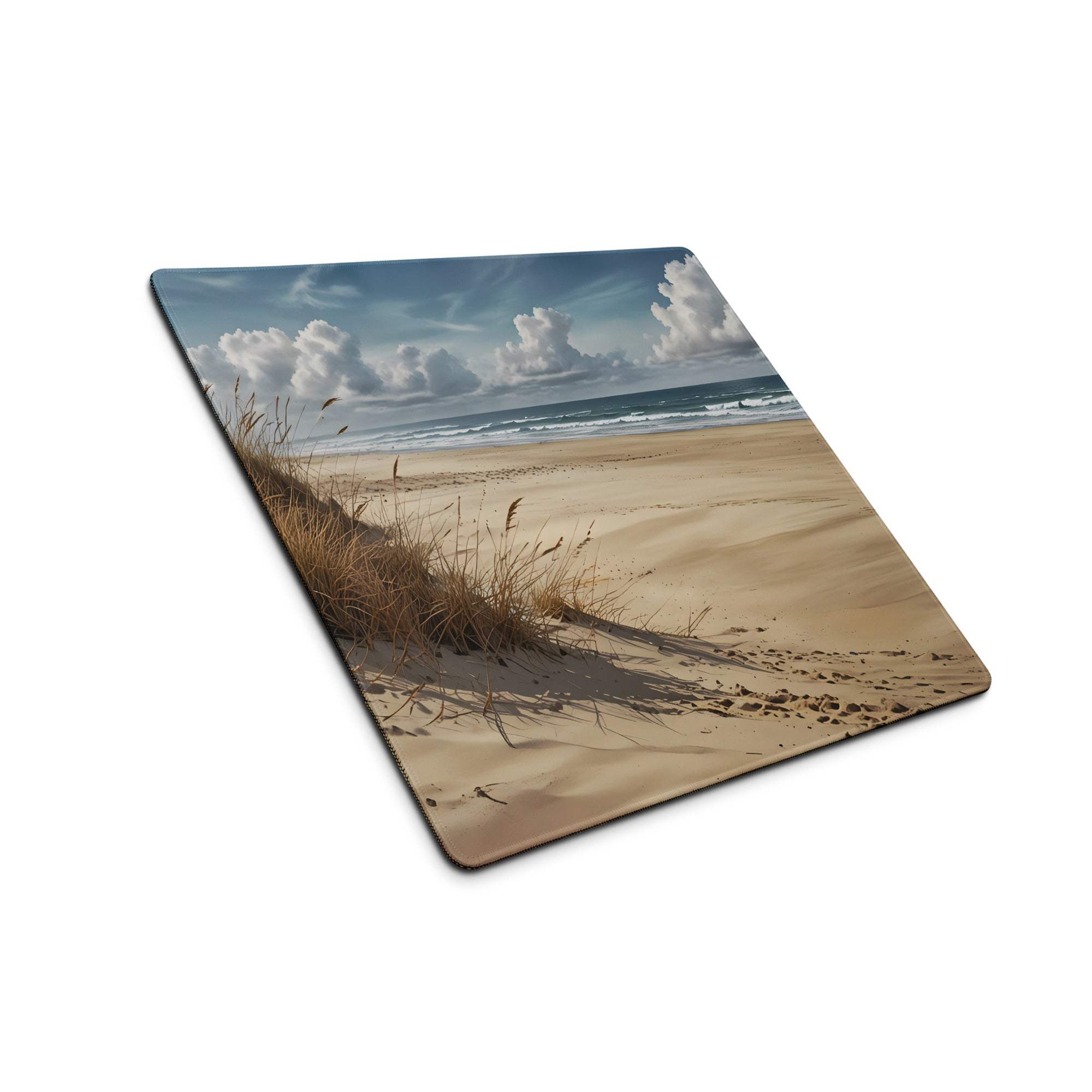Serene coastal beach scene mousepad with dunes, waves, blue sky