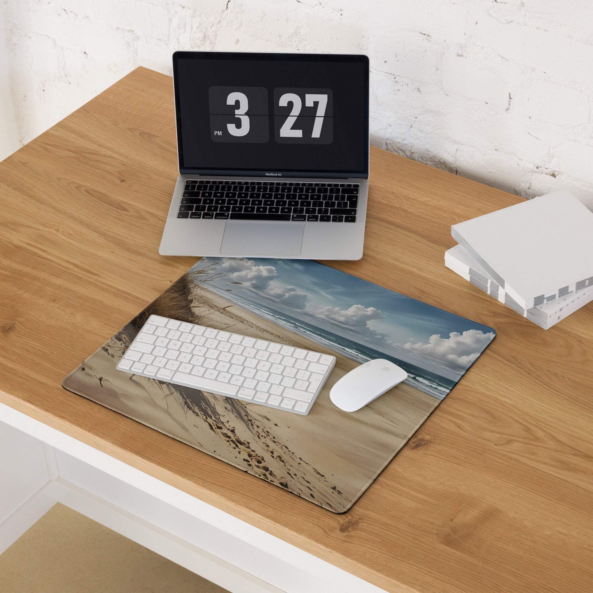 Serene coastal beach scene mousepad with beige dunes, blue waves, sky