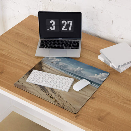 Serene coastal beach scene mousepad with beige dunes, blue waves, sky