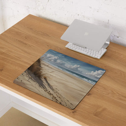 Serene coastal beach scene mousepad with beige dunes, blue waves and sky