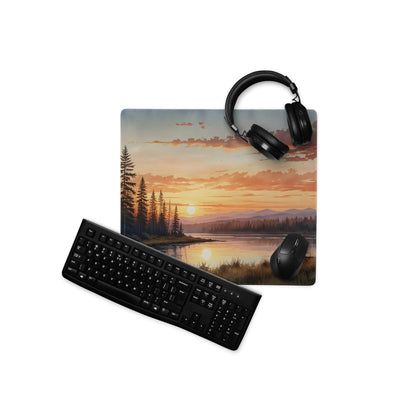 Large serene sunset lake forest gaming mouse pad with non-slip base