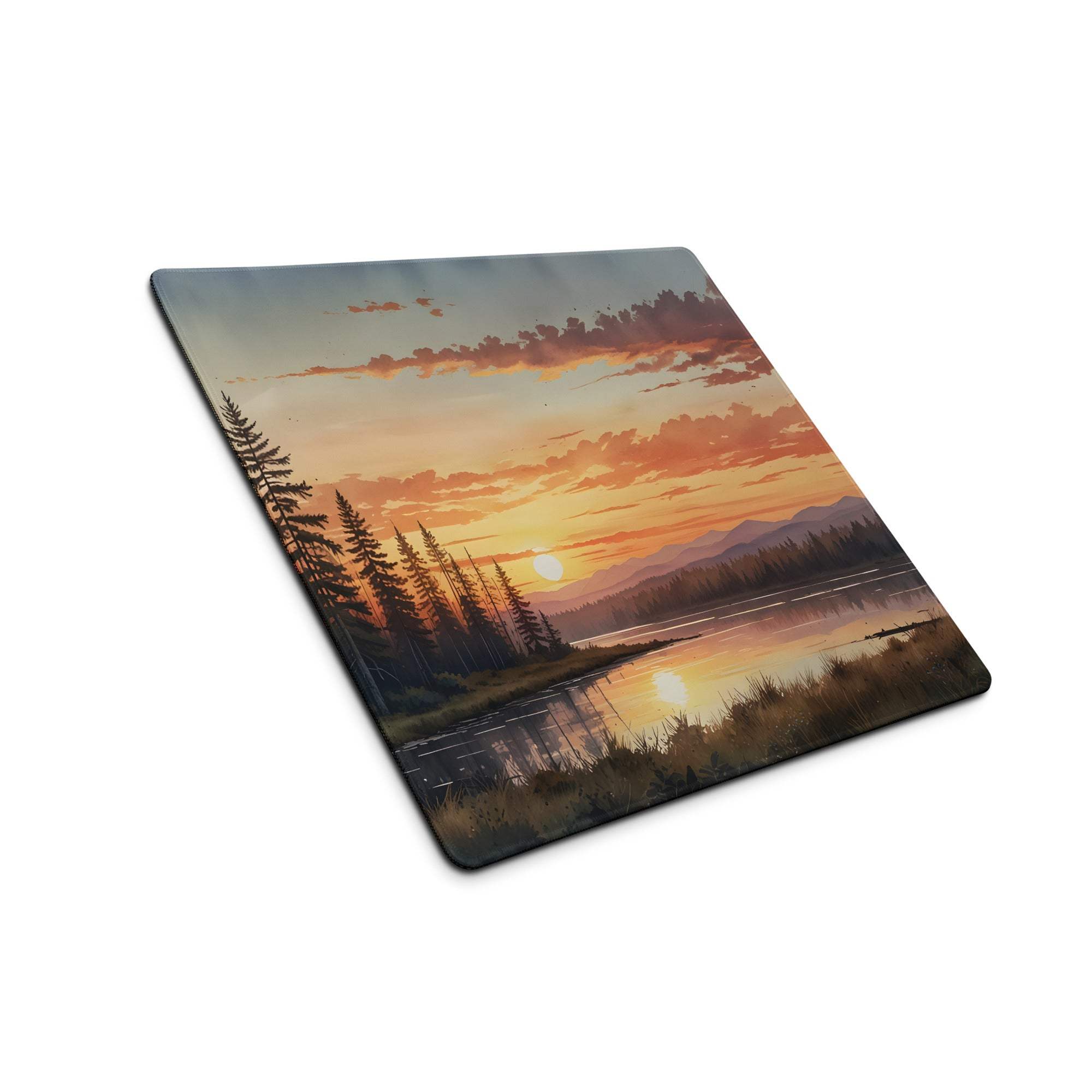 Serene sunset lake with pines gaming mouse pad, large non-slip base