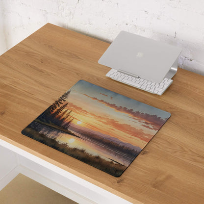 Serene sunset over water with silhouetted trees on large gaming mouse pad