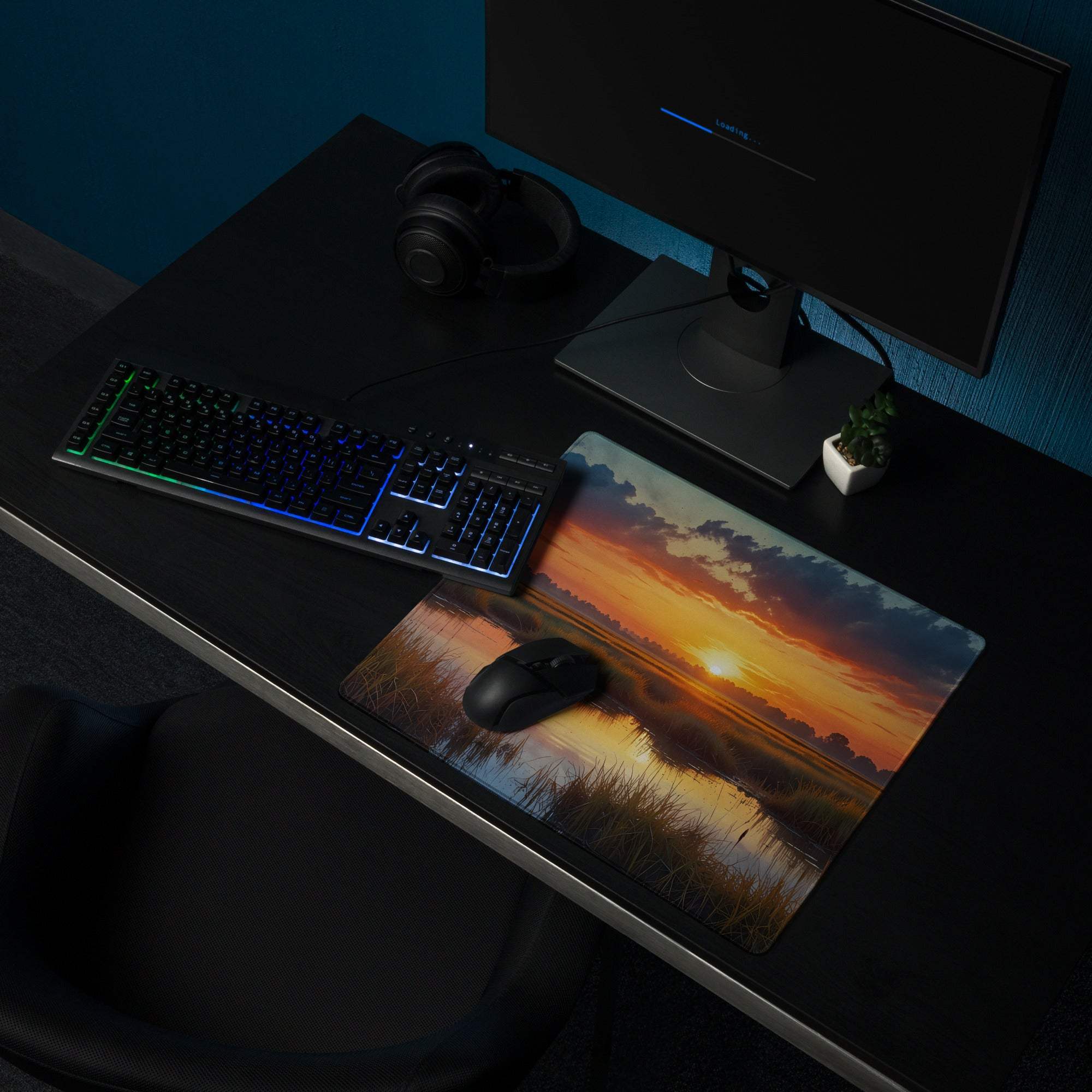 Large sunset landscape gaming mouse pad with vibrant orange hues, grass, non-slip surface