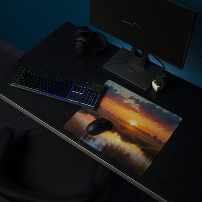 Large sunset landscape gaming mouse pad with vibrant orange hues, grass, non-slip surface